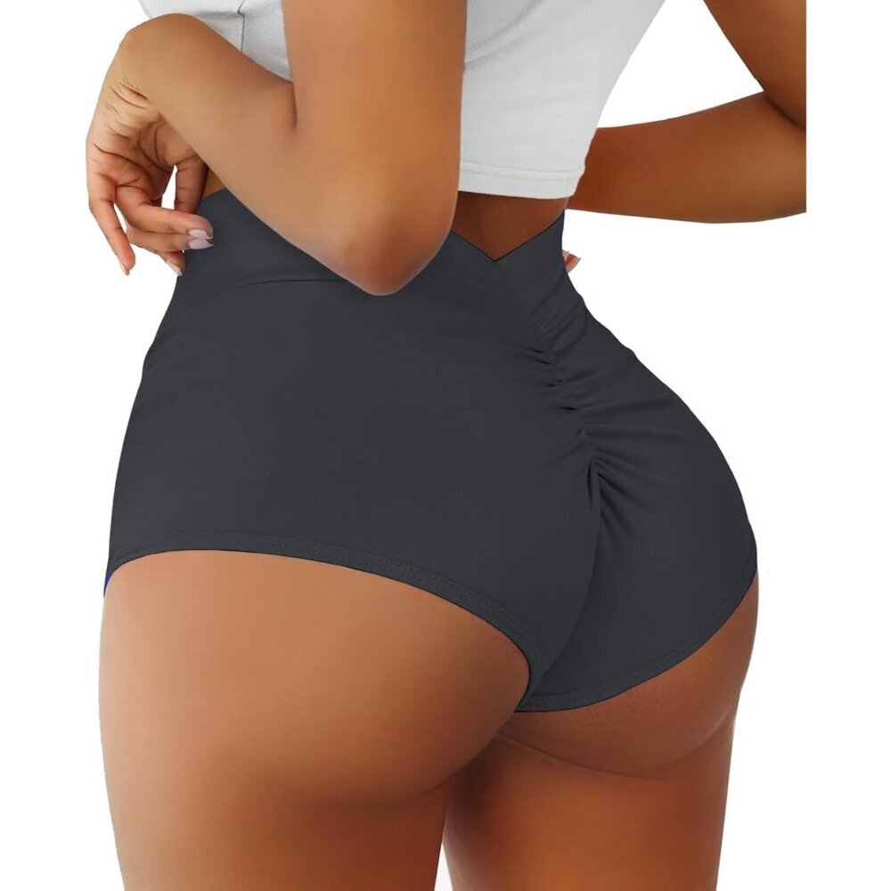 Women's Dark Grey Booty Shorts-high Waist V Back Yoga Imported Shorts Bottoms